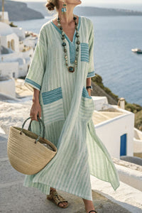 Willluxe® V-Neck Kaftan Maxi Solid Dress with Stripe Detail