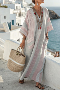 Willluxe® V-Neck Kaftan Maxi Solid Dress with Stripe Detail
