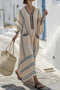 Willluxe® V-Neck Kaftan Maxi Solid Dress with Stripe Detail