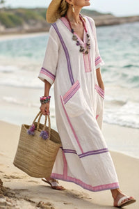 Willluxe® V-Neck Kaftan Maxi Dress with Pink Stripe Detail