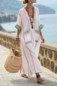 Willluxe® V-Neck Kaftan Maxi Dress with Pink Stripe Detail