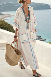 Willluxe® V-Neck Kaftan Maxi Dress with Pink Stripe Detail
