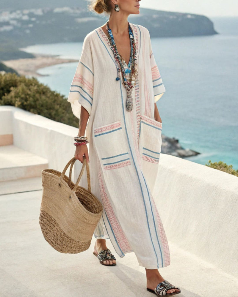 Willluxe® V-Neck Kaftan Maxi Dress with Pink Stripe Detail