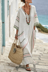 Willluxe® V-Neck Kaftan Maxi Dress with Pink Stripe Detail