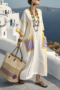 Willluxe® V-Neck Kaftan Maxi Dress with Yellow Purple Stripe Detail