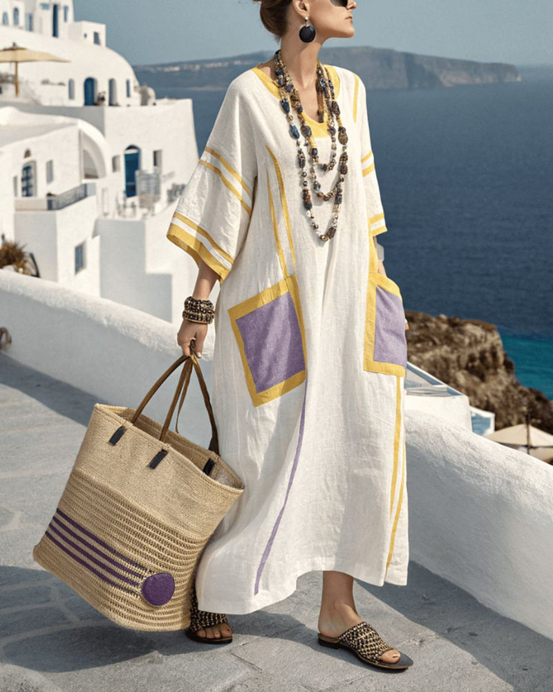 Willluxe® V-Neck Kaftan Maxi Dress with Yellow Purple Stripe Detail