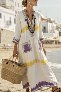 Willluxe® V-Neck Kaftan Maxi Dress with Yellow Purple Stripe Detail