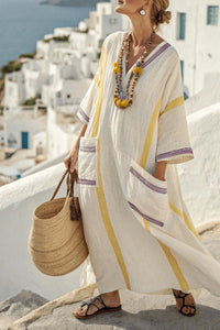 Willluxe® V-Neck Kaftan Maxi Dress with Yellow Purple Stripe Detail
