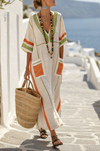 Willluxe® V-Neck Kaftan Maxi Dress with Green Orange Stripe Detail