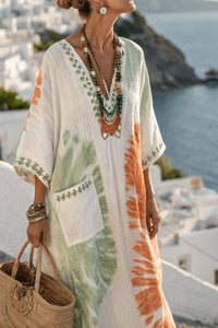 Willluxe® V-Neck Kaftan Maxi Dress with Green Orange Stripe Detail