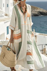 Willluxe® V-Neck Kaftan Maxi Dress with Green Orange Stripe Detail