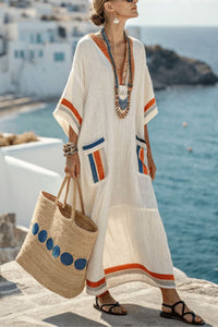 Willluxe® V-Neck Kaftan Maxi Dress with Blue Orange Stripe Detail