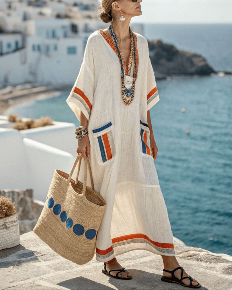 Willluxe® V-Neck Kaftan Maxi Dress with Blue Orange Stripe Detail
