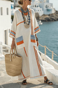 Willluxe® V-Neck Kaftan Maxi Dress with Blue Orange Stripe Detail