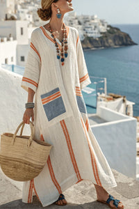 Willluxe® V-Neck Kaftan Maxi Dress with Blue Orange Stripe Detail