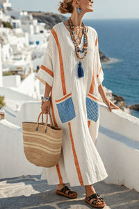 Willluxe® V-Neck Kaftan Maxi Dress with Blue Orange Stripe Detail