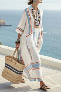Willluxe® V-Neck Kaftan Maxi Dress with Blue Orange Stripe Detail