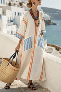 Willluxe® V-Neck Kaftan Maxi Dress with Blue Orange Stripe Detail