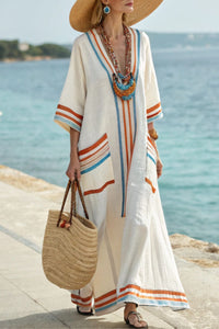 Willluxe® V-Neck Kaftan Maxi Dress with Blue Orange Stripe Detail