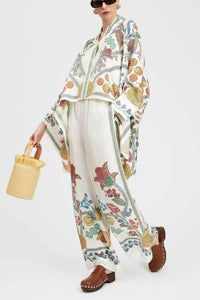 Willluxe® Grenadilla Print Silk-Twill Blouse Flowy Loose-Cut Sleeves Italian Elegant Set