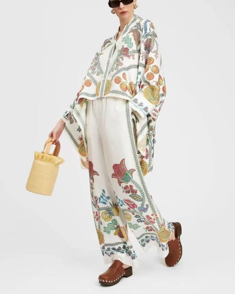 Willluxe® Grenadilla Print Silk-Twill Blouse Flowy Loose-Cut Sleeves Italian Elegant Set