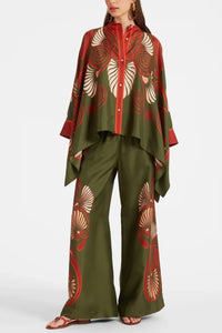Willluxe® Kerylos Placée Dark Green Twill Silk Blouse Peacock Wing Print Elegant Flowy Set