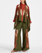 Willluxe® Kerylos Placée Dark Green Twill Silk Blouse Peacock Wing Print Elegant Flowy Set