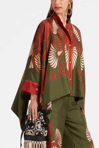Willluxe® Kerylos Placée Dark Green Twill Silk Blouse Peacock Wing Print Elegant Flowy Set