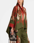 Willluxe® Kerylos Placée Dark Green Twill Silk Blouse Peacock Wing Print Elegant Flowy Set