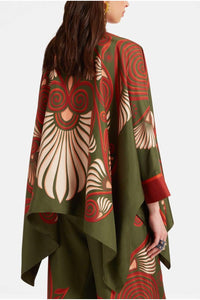 Willluxe® Kerylos Placée Dark Green Twill Silk Blouse Peacock Wing Print Elegant Flowy Set