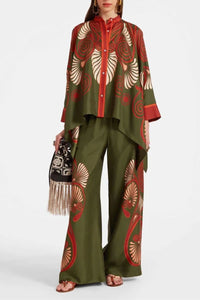Willluxe® Kerylos Placée Dark Green Twill Silk Blouse Peacock Wing Print Elegant Flowy Set