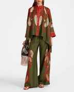Willluxe® Kerylos Placée Dark Green Twill Silk Blouse Peacock Wing Print Elegant Flowy Set