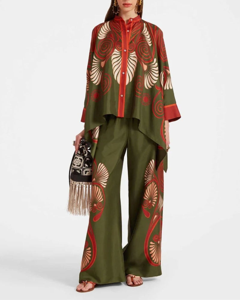 Willluxe® Kerylos Placée Dark Green Twill Silk Blouse Peacock Wing Print Elegant Flowy Set