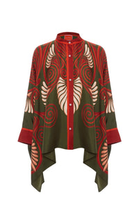 Willluxe® Kerylos Placée Dark Green Twill Silk Blouse Peacock Wing Print Elegant Flowy Set