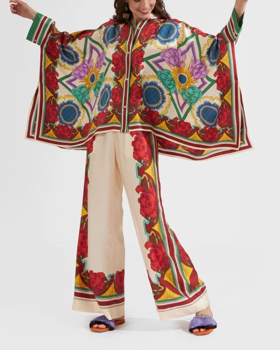 Willluxe® Taormina Placée Ivory Twill Blouse Baroque Palace Print Elegant Flowy Set
