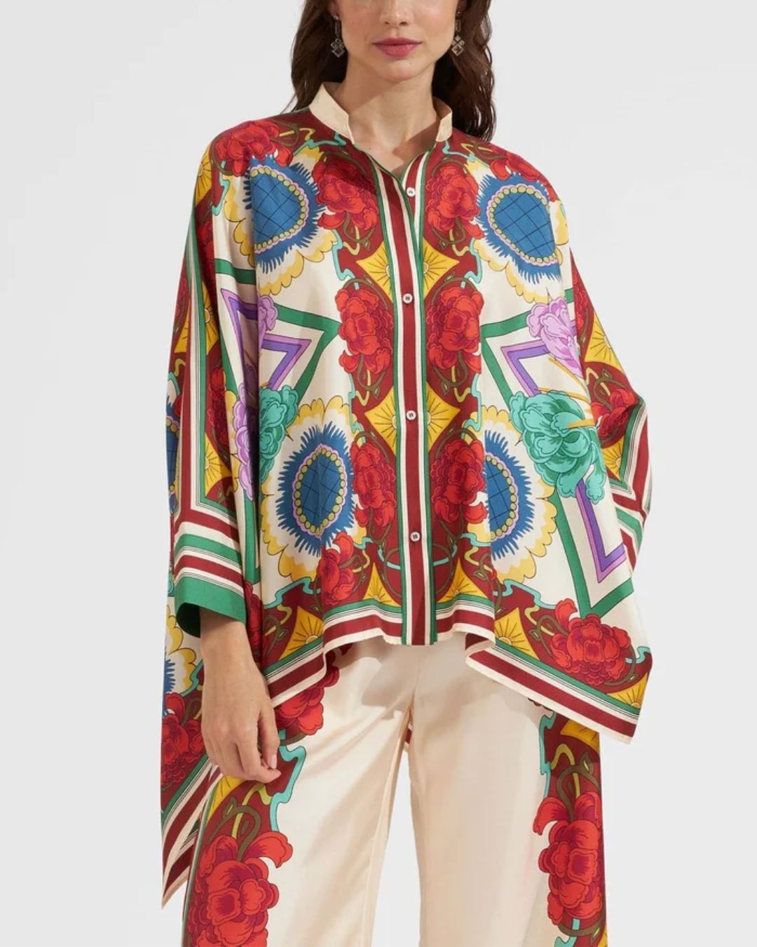 Willluxe® Taormina Placée Ivory Twill Blouse Baroque Palace Print Elegant Flowy Set