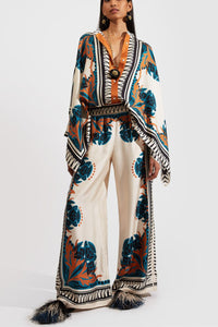 Willluxe® Ivory and Teal Printed Elegant Flowy Caftan Set