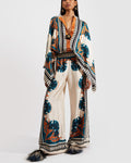 Willluxe® Ivory and Teal Printed Elegant Flowy Caftan Set