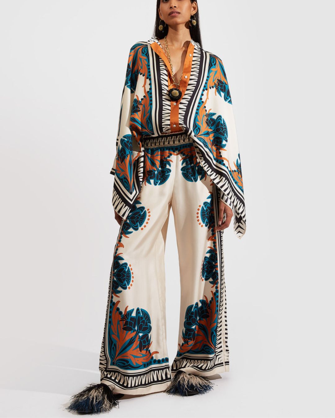 Willluxe® Ivory and Teal Printed Elegant Flowy Caftan Set