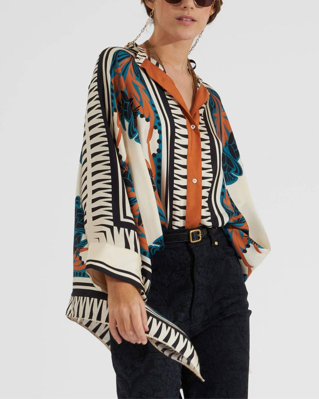 Willluxe® Ivory and Teal Printed Elegant Flowy Caftan Set