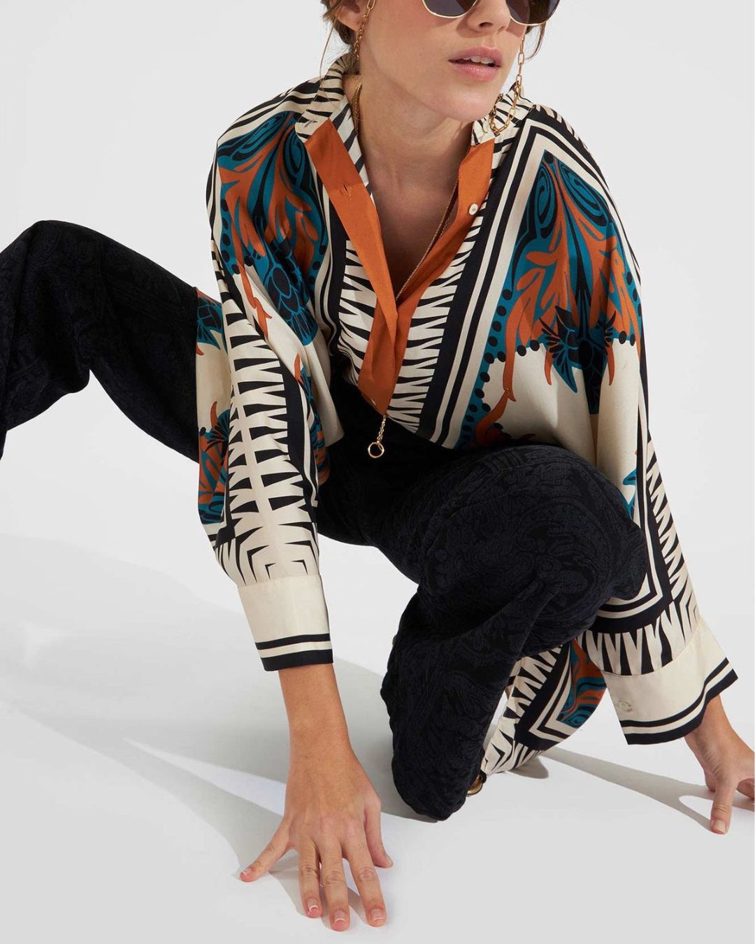 Willluxe® Ivory and Teal Printed Elegant Flowy Caftan Set