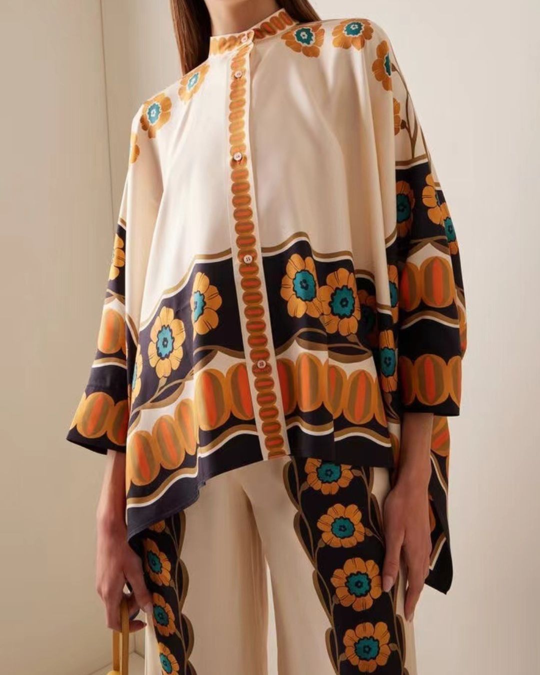 Willluxe® Yellow Daisy Floral Print Two-Piece Set Elegant Shirt and Pants Outfit