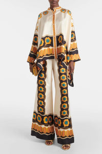 Willluxe® Yellow Daisy Floral Print Two-Piece Set Elegant Shirt and Pants Outfit