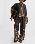 Willluxe® Borboni Placée Nero Twill Blouse Vintage Baroque Print Elegant Flowy Set