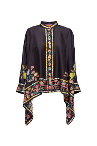 Willluxe® Borboni Placée Nero Twill Blouse Vintage Baroque Print Elegant Flowy Set