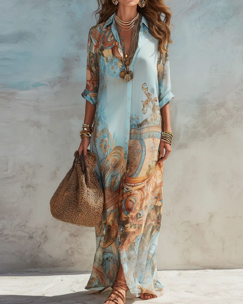 Willluxe® Baroque Style Floral Ocean Maxi Dress