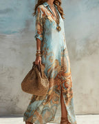 Willluxe® Baroque Style Floral Ocean Maxi Dress