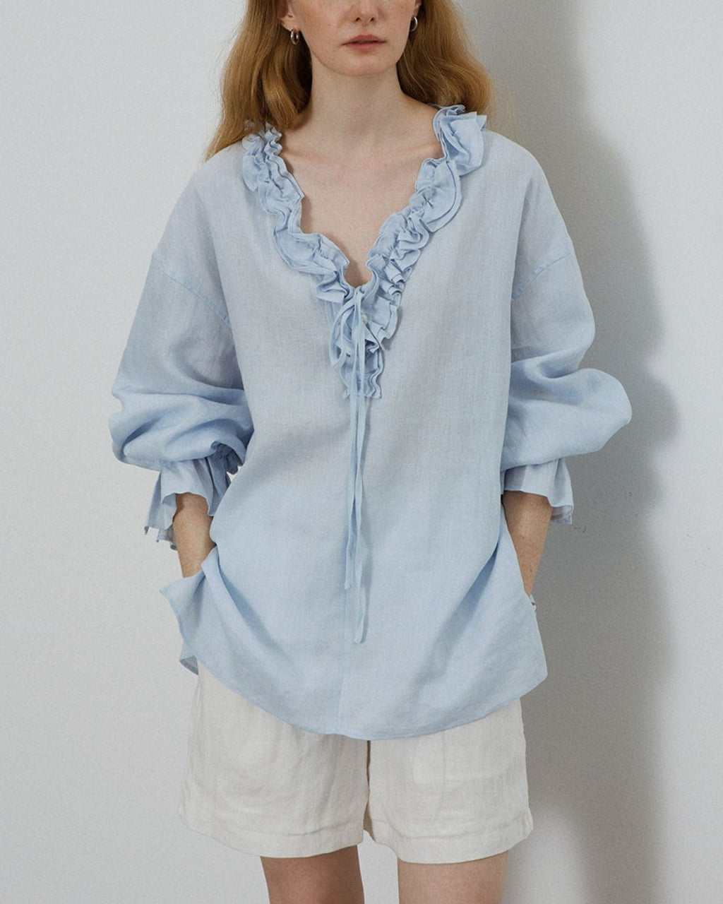 Willluxe® Linen Romantic Ruffled Puff Sleeve Shirt