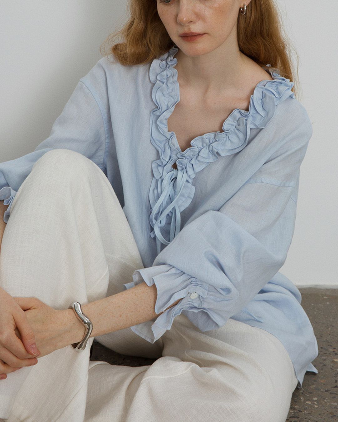 Willluxe® Linen Romantic Ruffled Puff Sleeve Shirt