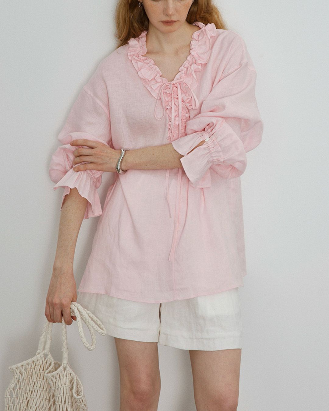 Willluxe® Linen Romantic Ruffled Puff Sleeve Shirt